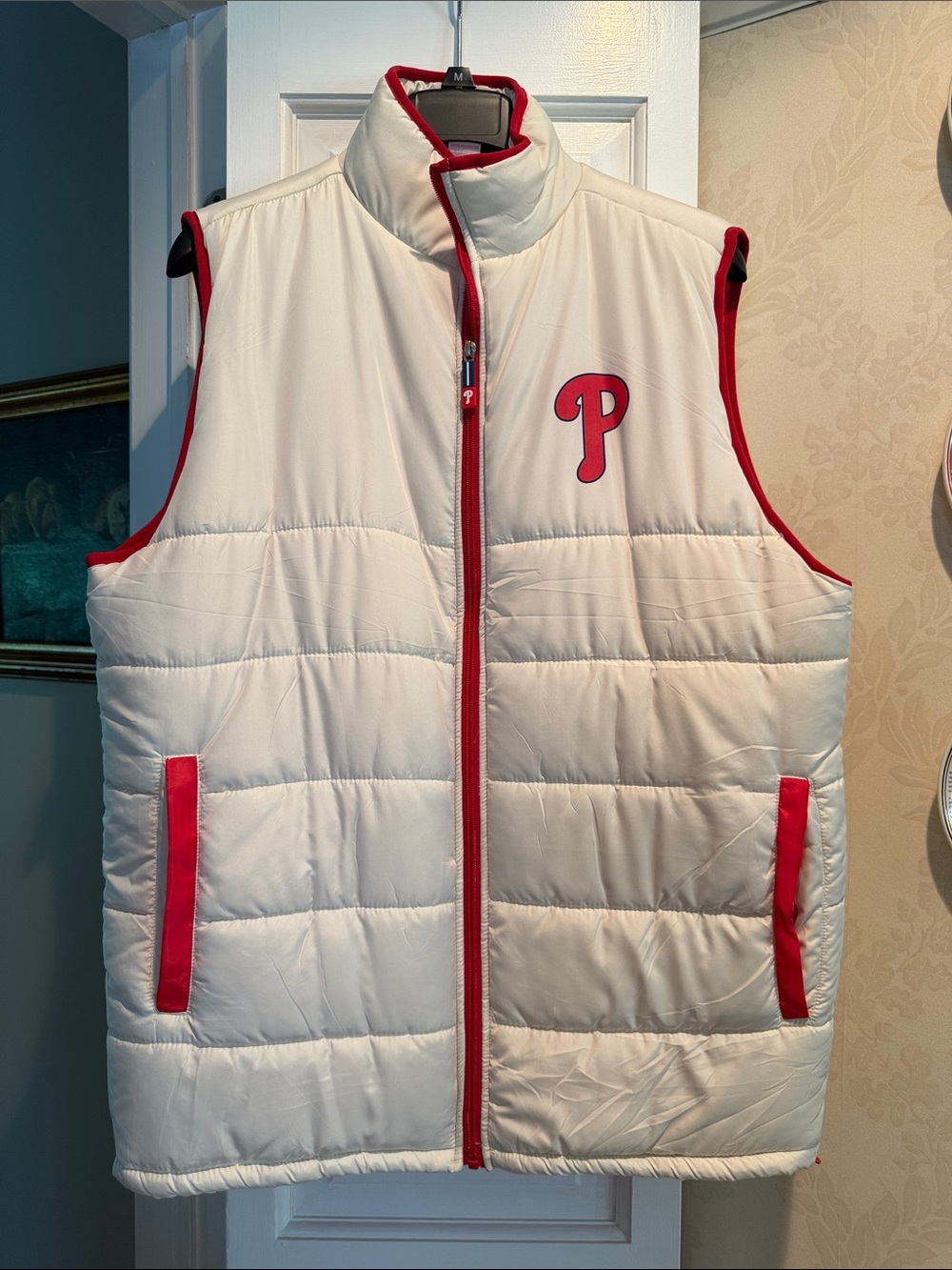 White Quilted Puffer Vest with Red Trim and Team 'P' Logo